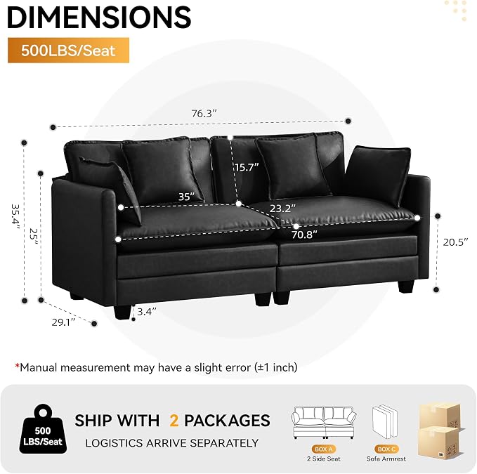 76'' Cloud Deep Seat Loveseat, Upholstered Leather Modular 2-Seats Sectional Sofa Couch, Modern Comfy Settee Loveseat for Living Room Set, Small Apartment, Leather Black