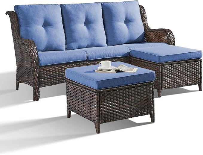 Outdoor Patio Furniture - 3 Seater Outdoor Rattan Wicker Sofa Patio Couch with Ottoman for Porch Deck Garden Backyard - Brown/Blue