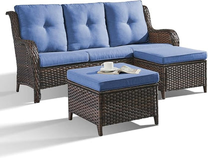 Outdoor Patio Furniture - 3 Seater Outdoor Rattan Wicker Sofa Patio Couch with Ottoman for Porch Deck Garden Backyard - Brown/Blue