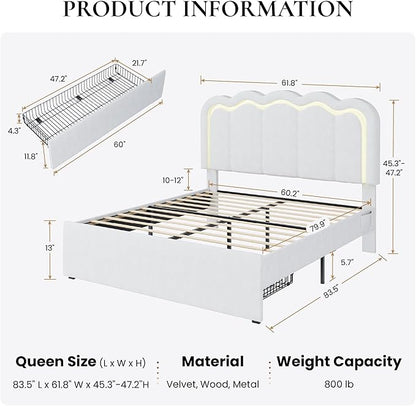 SHA CERLIN Upholstered Queen Size Bed Frame with LED Lights and Large Storage Drawer, Velvet Platform Bed with Adjustable Wavy Headboard, Noise Free, Easy Assembly, No Box Spring Needed, Soft White