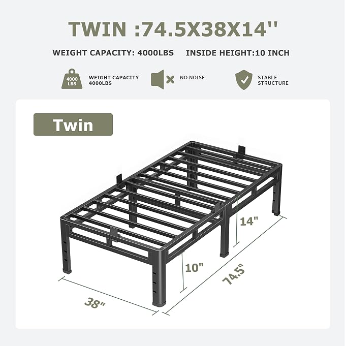 NKZ Twin Size Bed Frame 14 Inch, Metal Bed Frame & Box Spring 2 in 1 Platform with Round Corner Legs, 4000lbs Weight Capacity Reinforced Metal Frame, Headboard Hole, Noise-Free, Easy Assembly