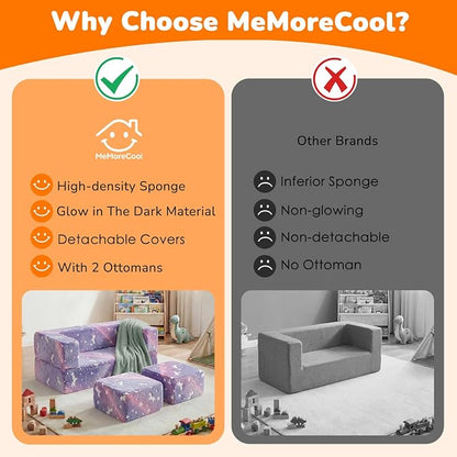 MeMoreCool Unicorn Modular Kids Couch, Glow Rainbow Play Toddler Couch for Bedroom, Convertible Foam Kids Sofa Bed, Fold Out Baby Sofa for Girl Boy, Purple