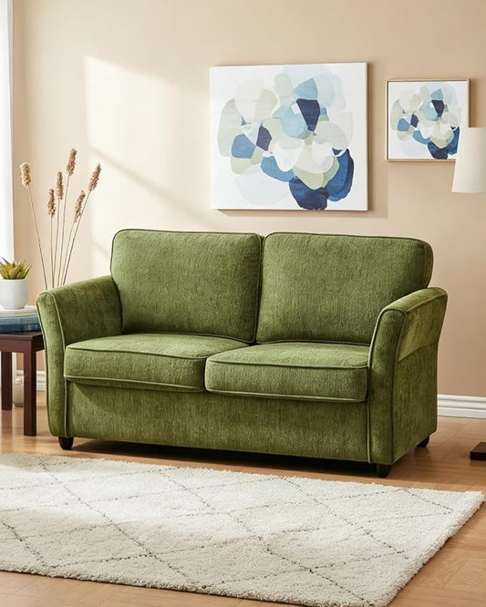 Karl home 67" Loveseat Sofa, Chenille Fabric, Green | Removable Covers, Outward Arms, Spring Cushion & Solid Wood Frame, Deep Seat for Living Room, Bedroom, Apartment