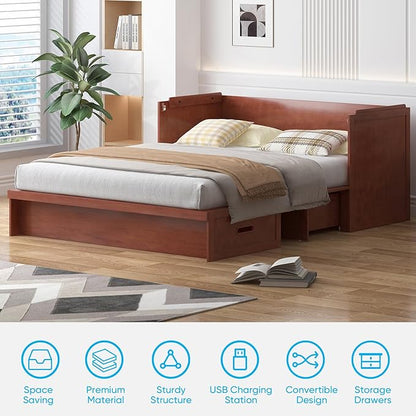 Mjkone Murphy Bed with Tri-Folding Mattress, Queen Hidden Cabinet Bed with Built-in USB Charging Station and 2 Storage Drawers, Foldable Wall Cabinet Beds for Living Room/Guest Room/Apartment, Cherry