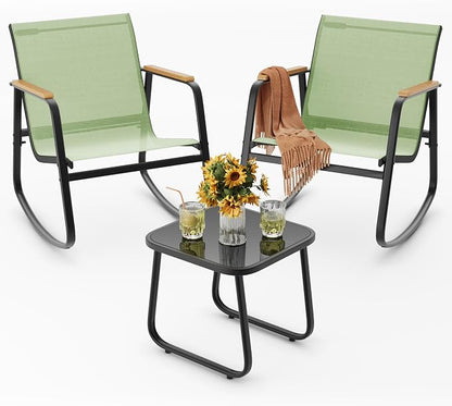 Ahomly 3 Pieces Patio Furniture Set Textilene Fabric Outdoor Patio Rocking Bistro Set with Wooden Armrests and Coffee Table for Lawn, Porch, Balcony, Poolside, Green