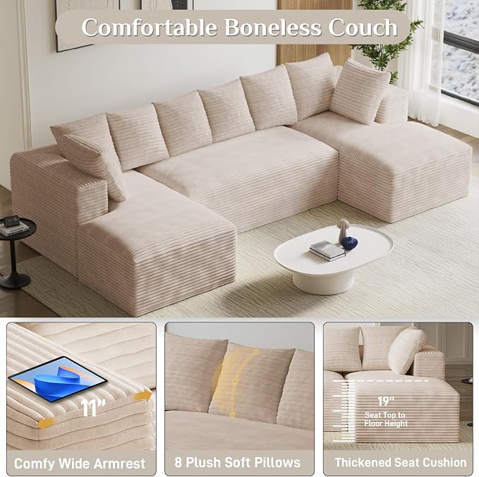 131" Oversized U Shaped Cloud Sectional Couches for Living Room, Comfy Fluffy Corduroy Beige Boneless Sectionals Couch, Plush Memory Foam Modular Sectional Sofa with Chaise- 19" Seat Height