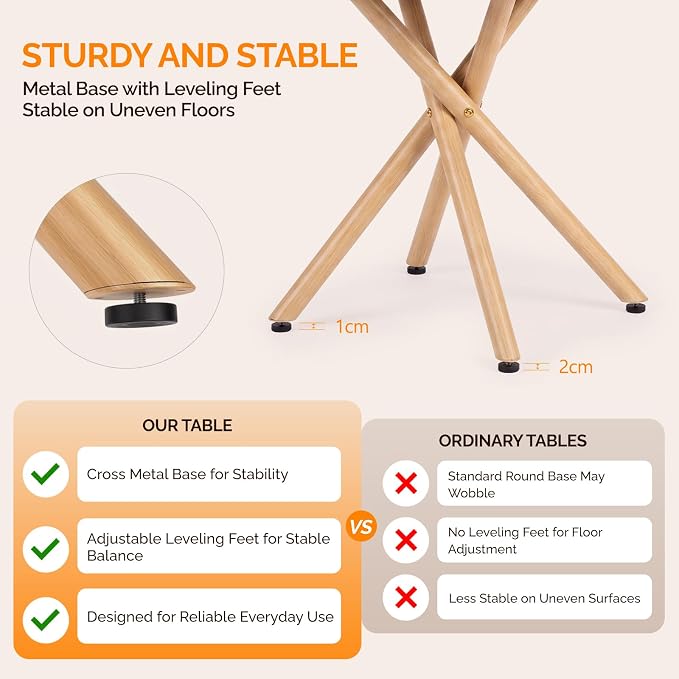VINGLI 37.5" Round Dining Table for 4, Wood Kitchen Table, Oak | Cross Metal Leg, Adjustable Feet, Wood Tabletop, Mid-Century Modern Style, for Living Room, Dining Room, Kitchen, Small Place