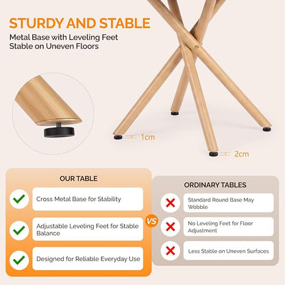 VINGLI 37.5" Round Dining Table for 4, Wood Kitchen Table, Oak | Cross Metal Leg, Adjustable Feet, Wood Tabletop, Mid-Century Modern Style, for Living Room, Dining Room, Kitchen, Small Place