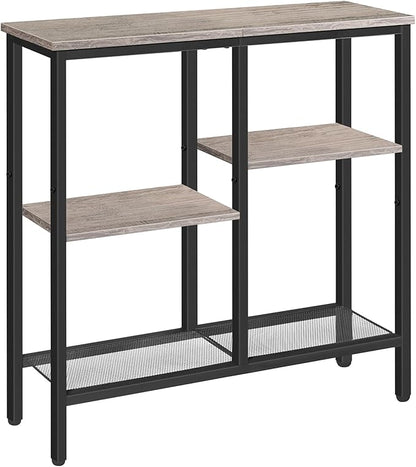 HOOBRO Narrow Console Table, Sofa Table, 4-Tier Industrial Entryway Table with Metal Mesh Shelf, Hallway Table with Adjustable Feet, for Entryway, Living Room, Hallway, Greige and Black BG79XG01