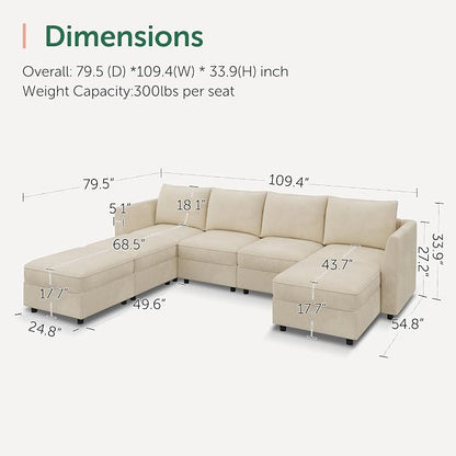 HONBAY Modular Sofa U Shaped Sectional Couch with Storage, Convertible Modular Sofa 7 Seats Sectional for Living Room - Beige