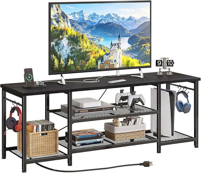 YGEOMER TV Stand for Up to 65 Inch TVs, Entertainment Center with Power Outlet and Open Storage Shelves, TV Media Console Table for Living Room and Bedroom, Black