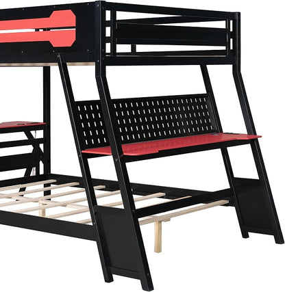 Merax Wooden Full Over Full Bunk Bed with 2 Side Desks, USB Desktop Ports and Pegboard Organizer, Gaming Bunk Bed for Gamer, Kids or Teens, No Box Spring Needed, Red