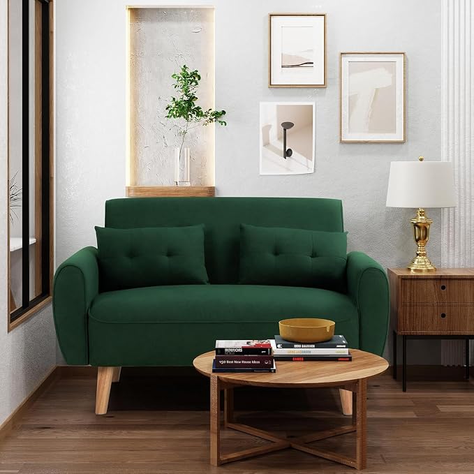 Shintenchi 48'' Loveseat Sofa, Mid-Century Modern Upholstered Couch Deep Seat with 2 Pillows, 10" Thick Cushion with Spring, Solid Wood Frame Small Couch for Living Room, Dorms & Office, Green