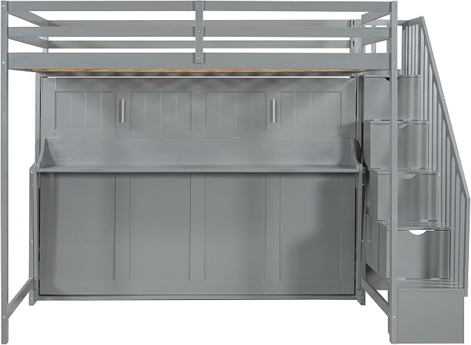 Merax Modern Farmhouse Solid Wood Loft Bed with Murphy Bed Cabinet w/Hydraulic Lift Full Over Full, Wall Bunk Bed with Storage Staircase, Shleves & Desk/Space Saving/Wood Slat Support/Gray