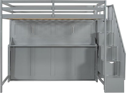Merax Modern Farmhouse Solid Wood Loft Bed with Murphy Bed Cabinet w/Hydraulic Lift Full Over Full, Wall Bunk Bed with Storage Staircase, Shleves & Desk/Space Saving/Wood Slat Support/Gray