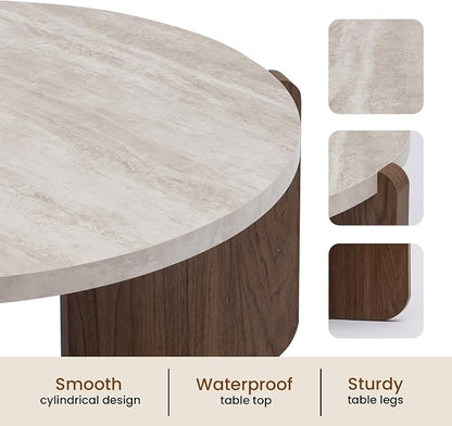 SUNBURY Modern Round Coffee Table with Sturdy Base, Wood Center Tables for Living Room Reception Room, Faux Marble Tabletop, Easy Assembly (Only One Coffee Table Included)