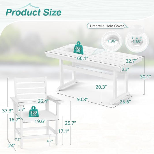 7 Piece Patio Dining Set, 66" Rectangle HDPS Weather Resistant Outdoor Table & 6 Patio Chairs Set with 1.96" Umbrella Hole, Heavy Duty Chairs for Backyard Balcony Deck, White