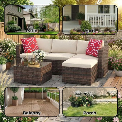 5-Piece Outdoor Sectional Sofa Set, Outdoor Patio Set Sectional Sofa, All-Weather PE Rattan Patio Furniture with Ottoman & Tempered Glass Table for Garden, Backyard, Porch, Poolside (Brown/Beige)
