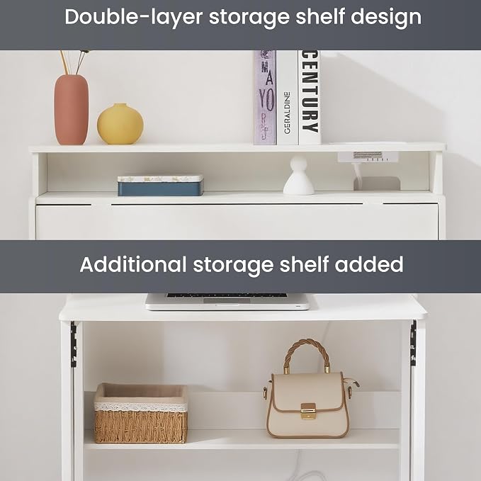 Fold Out Desk with Power Outlets, Small Foldable Table with Storage Shelf,Space-Saving Hidden Desk for Bedroom, Living Room & Office (White)