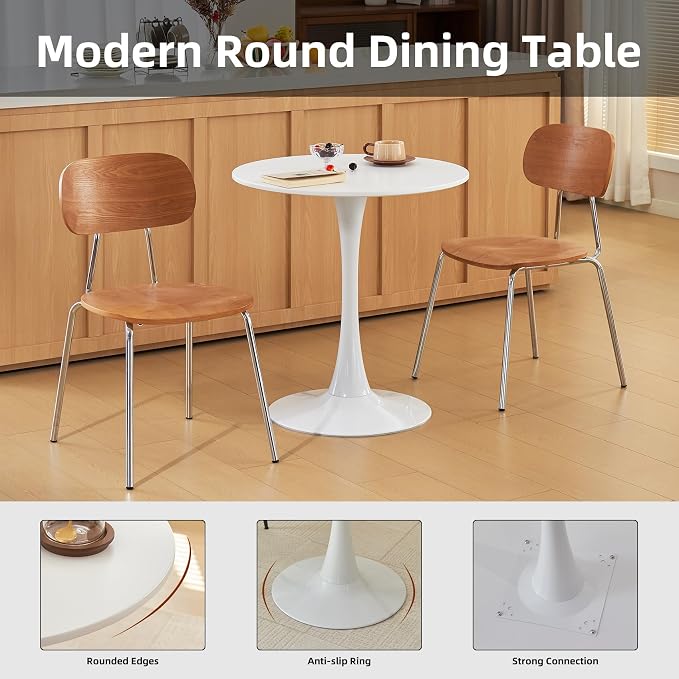 Round Dining Table, 27.6" Circle Tulip Table with Thickened Tabletop & Metal Pedestal, Mid Century Modern Bistro Table for Kitchen, Small Places, Living Room, Cafe (White)
