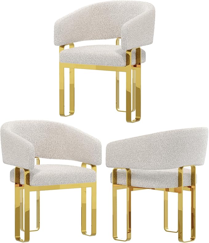 Boucle Dining Chairs with Arms, White Barrel Dining Chairs with U-Shaped Mirrored Gold Legs, Modern Side Chairs for Dining Table, Kitchen, Restaurant Recepition, Vanity, Set of 3