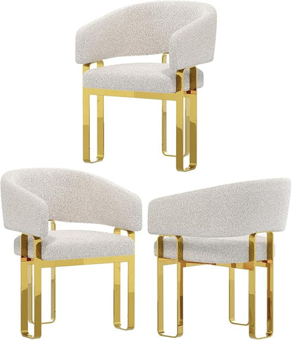 Boucle Dining Chairs with Arms, White Barrel Dining Chairs with U-Shaped Mirrored Gold Legs, Modern Side Chairs for Dining Table, Kitchen, Restaurant Recepition, Vanity, Set of 3