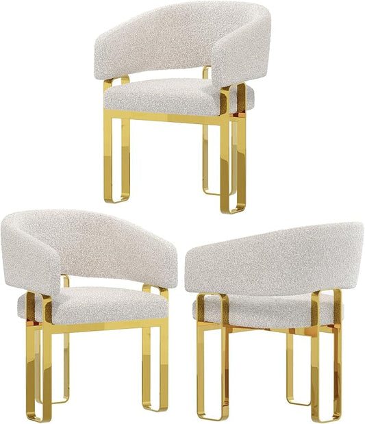 Boucle Dining Chairs with Arms, White Barrel Dining Chairs with U-Shaped Mirrored Gold Legs, Modern Side Chairs for Dining Table, Kitchen, Restaurant Recepition, Vanity, Set of 3