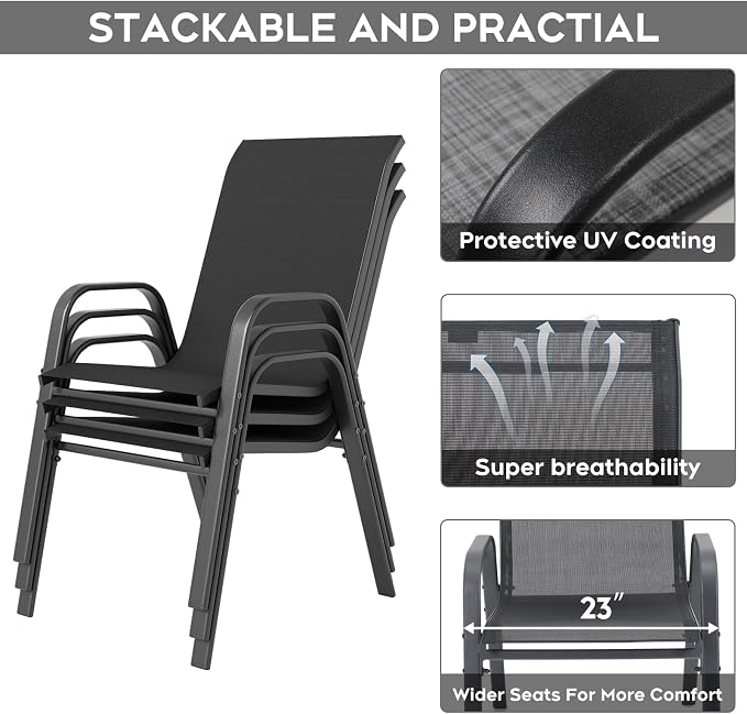 Outdoor Dining Set for 4,5pcs Patio Table and Chairs Set with Adjustable Umbrella Hole,37.8”x37.8” Square Metal Outdoor Table and Stackable Patio Chair for Yard, Garden, Porch