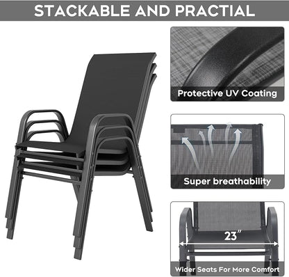 Outdoor Dining Set for 4,5pcs Patio Table and Chairs Set with Adjustable Umbrella Hole,37.8”x37.8” Square Metal Outdoor Table and Stackable Patio Chair for Yard, Garden, Porch