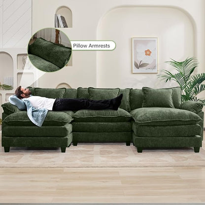 Oprisen 120" Modular Sectional Sofa, Comfy Cloud Couch Sectional Sofa with Ottoman, Chenille Sofa Sleeper Deep Seat Sofa with Throw Pillows for Living Room (Green, 120"- U Shape)