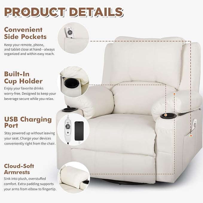 Leather Swivel Rocker Recliner Chair with Massage and Heat Overstuffed Manual Recliner Chairs with Cup Holders, Rocking Glider Chairs for Nursery White