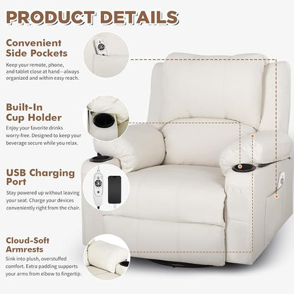 Leather Swivel Rocker Recliner Chair with Massage and Heat Overstuffed Manual Recliner Chairs with Cup Holders, Rocking Glider Chairs for Nursery White