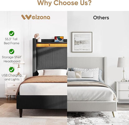 Queen Size Bed Frame with Tall Headboard, 55.3" Upholstered Platform Bed with LED Lights & Charging Station, Elegant Corduroy Bedframe, 2-tier Storage Wingback Headboard, No Box Spring Needed, Black