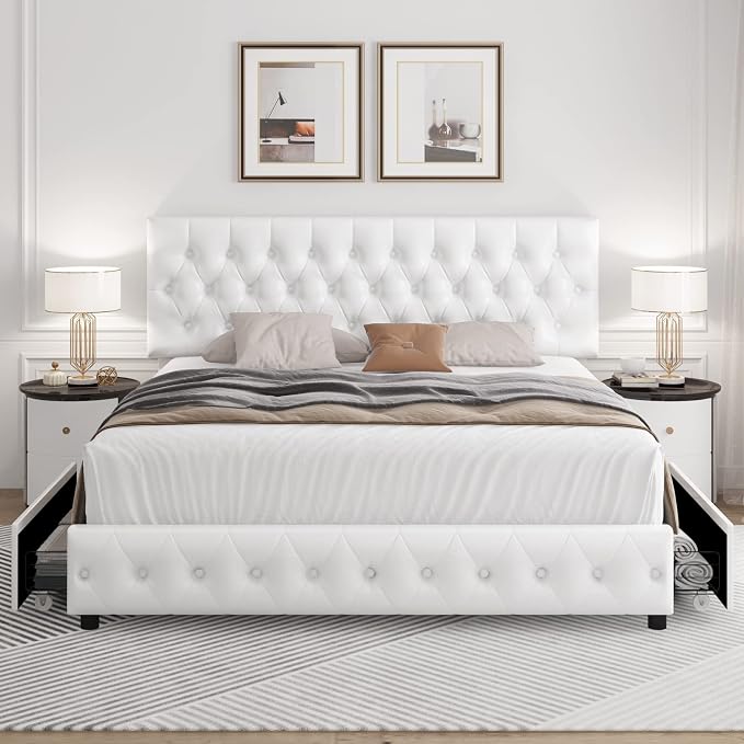 Keyluv Queen Size Upholstered Platform Bed Frame with 4 Storage Drawers, Modern White Faux Leather Bed with Adjustable Button Tufted Headboard, Solid Wooden Slat Support, Easy Assembly