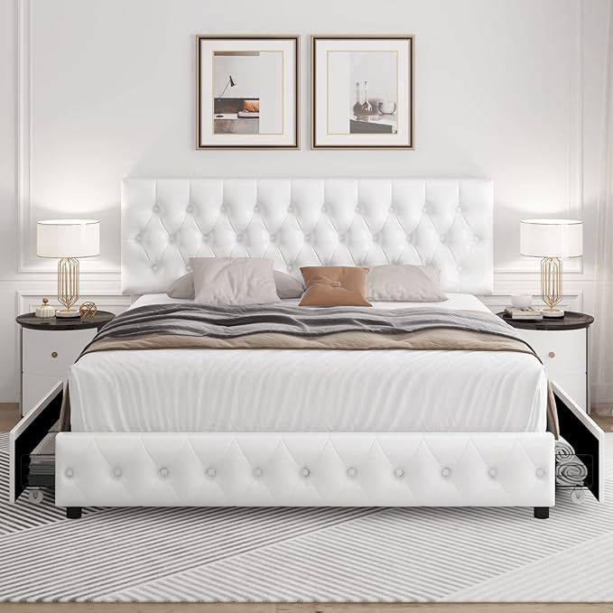 Keyluv Full Size Upholstered Platform Bed Frame with 4 Storage Drawers, Modern White Faux Leather Bed with Adjustable Button Tufted Headboard, Solid Wooden Slat Support, Easy Assembly