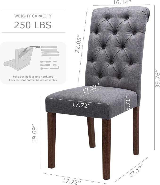 COLAMY Button Tufted Dining Chairs Set of 2, Parsons Upholstered Fabric Dining Room Chairs Kitchen Chairs with Wood Legs and Padded Seat, Dark Grey