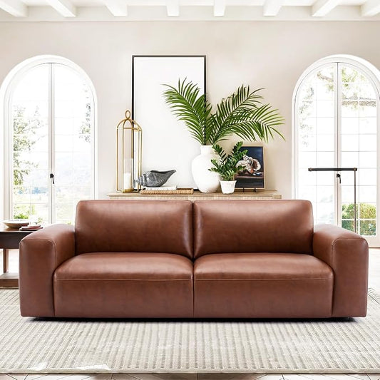 COLAMY PU Leather Sofa Couch, 95" Oversized Sofa Loveseat for Living Room, Comfy Love Seat Couch with Extra Deep Seats, Wide Arm, Down Filled 3-Seater Modern Sofa for Apartment/Lounge/Bedroom-Auburn
