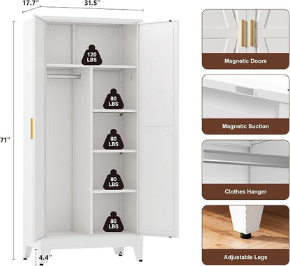 YAUWOH Farmhouse Wardrobe Cabinet,Metal Wardrobe Closet with Hanging Rod,Metal Armoire with Adjustable Shelves for Bedroom, Cloak Room,Office (White)