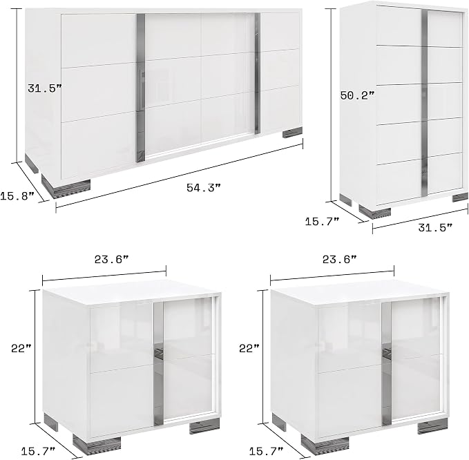 AMERLIFE 4 Piece Bedroom Dresser Set, Modern High Gloss UV Finish, 2 Nightstands, Chest of 5 Drawers & 6 Drawer Dresser, Electroplated Metal Handles, Bedroom Furniture Set, White