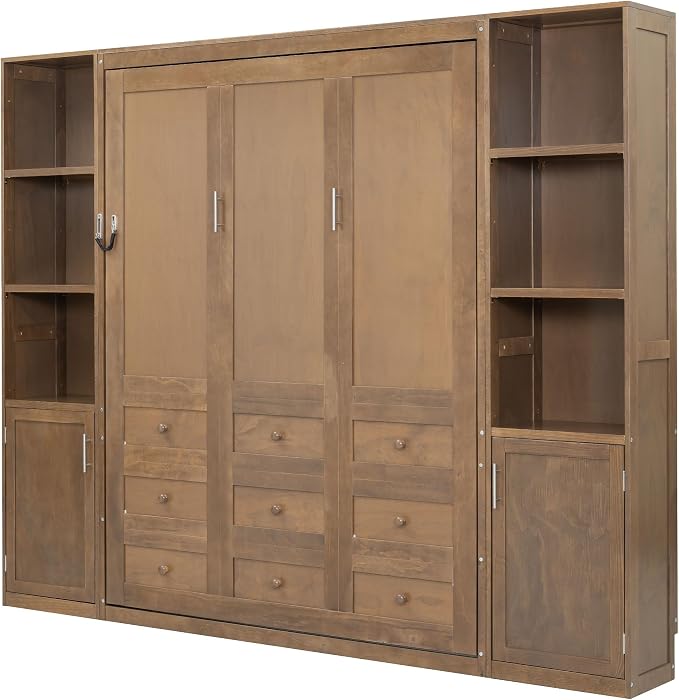 Ball & Cast Murphy Bed Queen Bed Frame with Headboard,Hideaway Bedframe w/Storage Shelves and Cabinets,Wood Wall Chest,Slat Support,can be Folded,No Box Spring Needed,for Small Room,Wood
