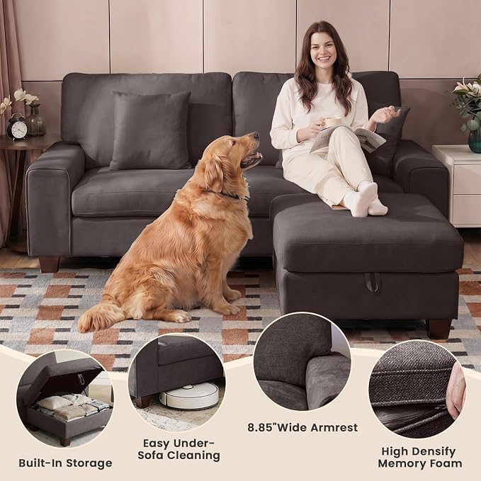 DOPEDIO L-Shaped Sectional Sofa with Storage Ottoman, Modern Chenille Recliner Loveseat, Removable Couch Covers, Pocket Spring Cushions, Solid Wood Frame, Easy to Install (71.25inch, Dark Grey)