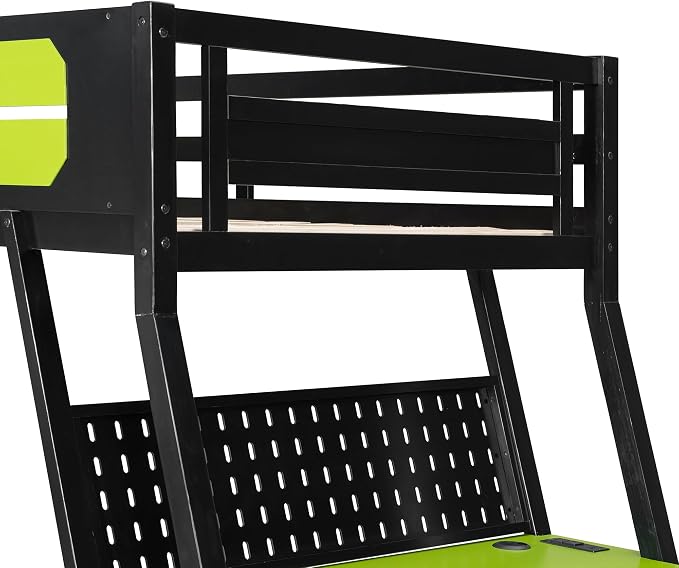 Merax Wooden Twin Over Twin Bunk Bed with 2 Side Desks, USB Desktop Ports and Pegboard Organizer, Gaming Bunk Bed for Gamer, Kids or Teens, No Box Spring Needed, Green
