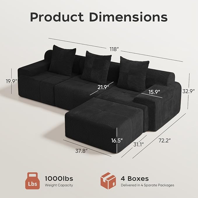 118" Sectional Boneless Oversize Modular Couches, Curved Cloud Sectional Sofa for Living Room, Corduroy L Shape Deep Seat Sofa with Ottoman & 3 Throw Pillows, No Assembly Required,Black