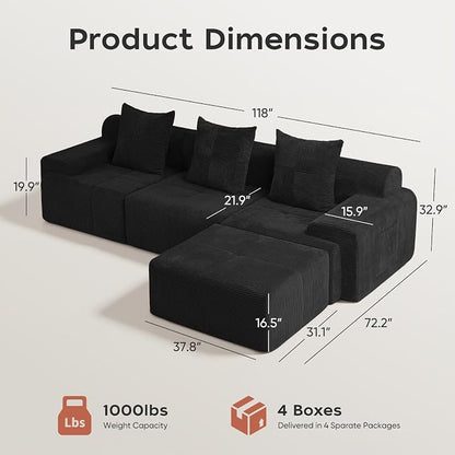 118" Sectional Boneless Oversize Modular Couches, Curved Cloud Sectional Sofa for Living Room, Corduroy L Shape Deep Seat Sofa with Ottoman & 3 Throw Pillows, No Assembly Required,Black