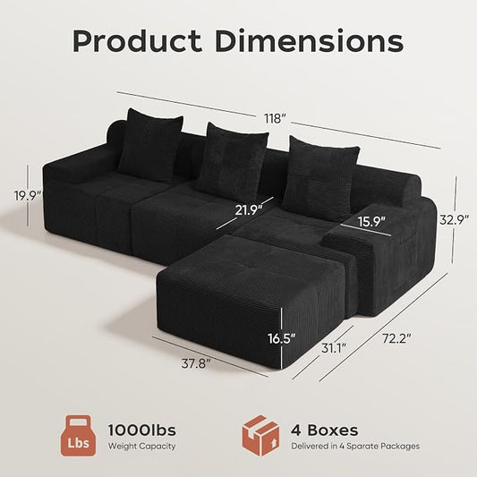 118" Sectional Boneless Oversize Modular Couches, Curved Cloud Sectional Sofa for Living Room, Corduroy L Shape Deep Seat Sofa with Ottoman & 3 Throw Pillows, No Assembly Required,Black