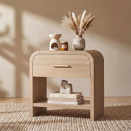 Night Stand [Unique Curved Profile] [FSC-Certified Wooden Board] 1-Drawer and 1 Storage Shelf Nightstand 24" H Metal Handle Modern Bedside Table Side Table End Table