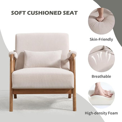 INZOY Mid Century Modern Accent Chair with Wood Frame, Upholstered Reading Armchair with Soft Corduroy Fabric, Accent Chair for Living Room Bedroom Apartment, Easy Assembly, Beige