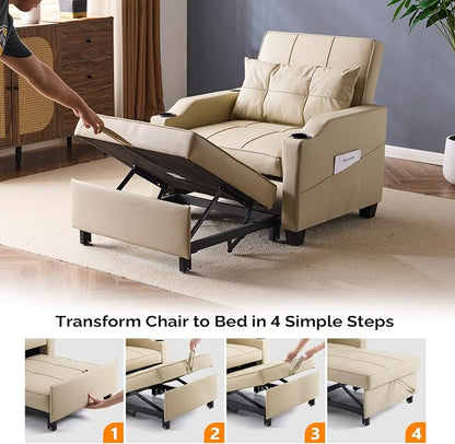 VINGLI Sofa Bed Chair Recliner, 3-in-1 Convertible Sleeper Sofa Chair Bed Beige Daybed Pull Out Couch Bed with Adjustable Backrest, USB Ports, Cup Holders for Small Spaces Living Room