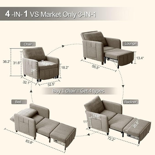 ZZW Sleeper Chair, 84" Extra Long Convertible Chair Bed, Upgraded 3-in-1 to 4-in-1 Pull Out Chair & Single Sofa Bed for Adult, Sleeping Chair for Living Room, Small Space (Light Grey)