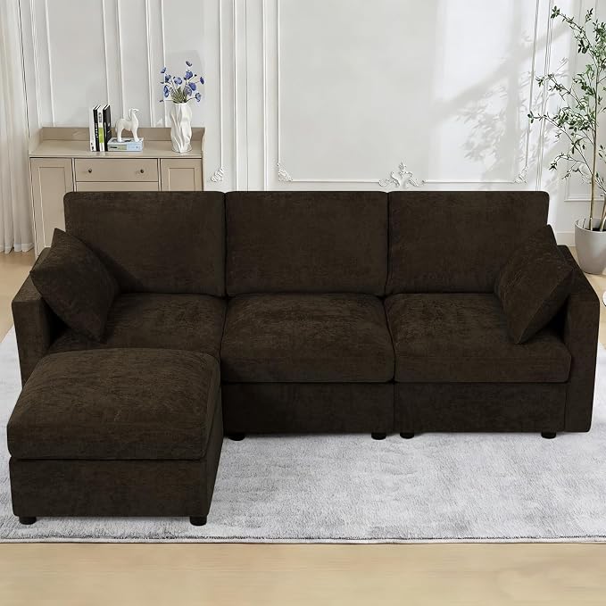 84” Chenille 3-Seats Sofa W/Movable Ottoman, Brown | Modern Fabric L-Shaped Couch w/Soft Backrests, Upholstered Sectional Sofa w/Arm Pillows for Living Room